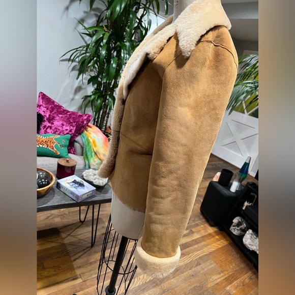 SHERI BODELL Shearling Leather Suede Dyed Lamb Jacket Western Boho Coat Tan - Picture 6 of 8